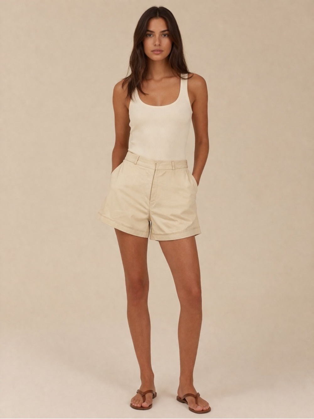 High-Rise Beige Cotton Blend Bermuda Shorts for Women